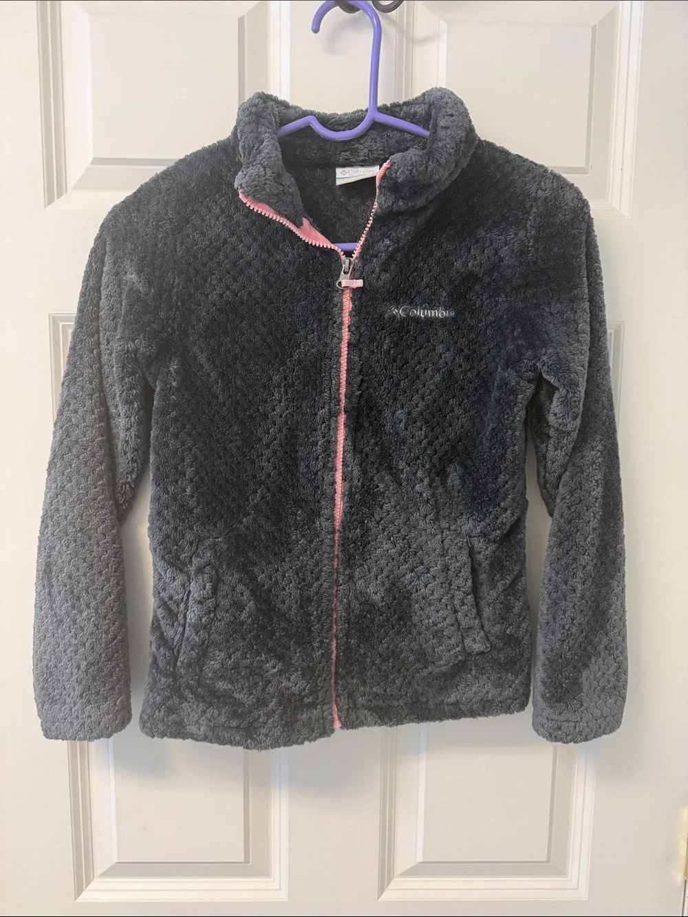 Columbia Kids Plush Full-Zip Jacket in Dark Gray with Pink Zipper